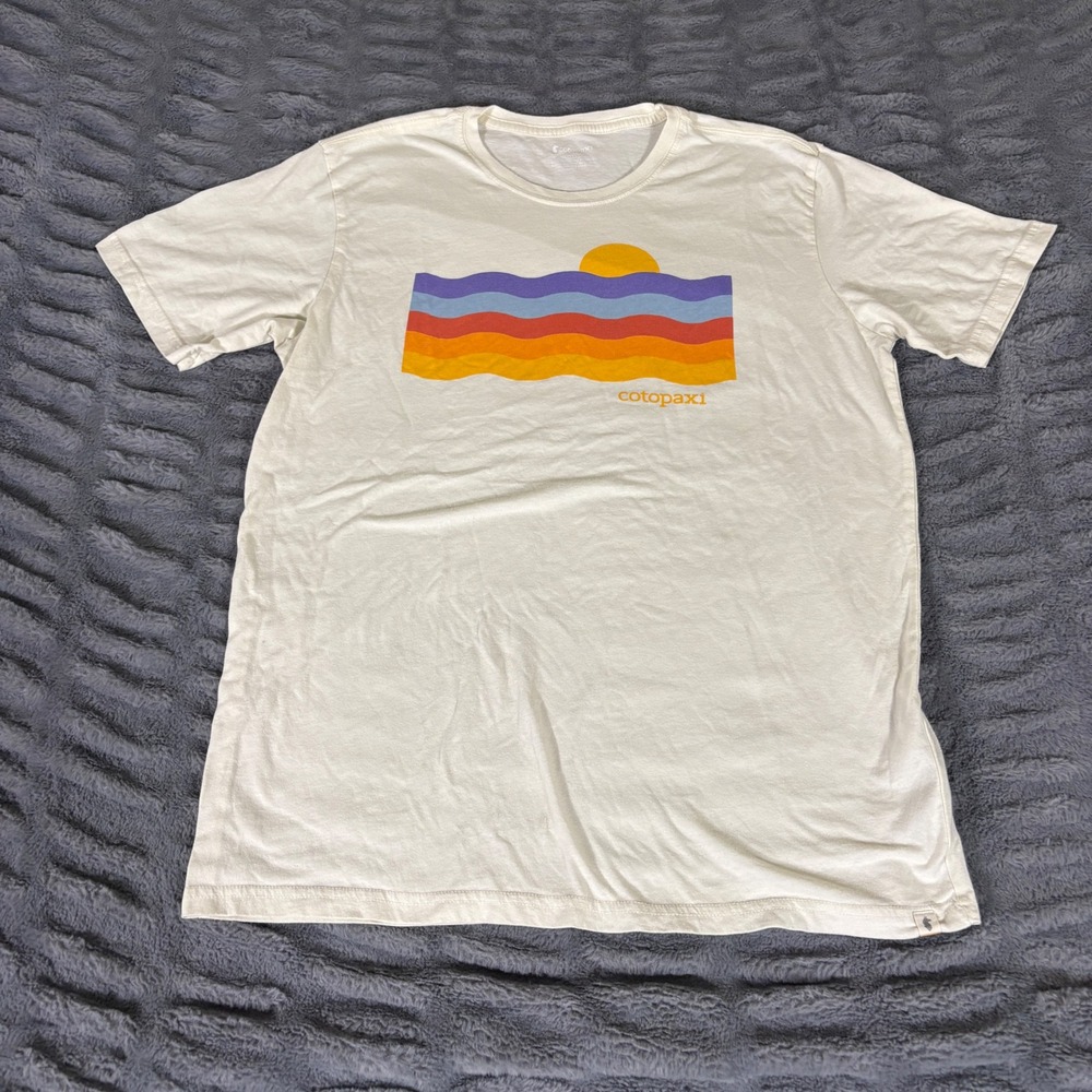 Cotopaxi Mens Large Graphic T-Shirt Off-White Organic Cotton Recycled Poly AT492